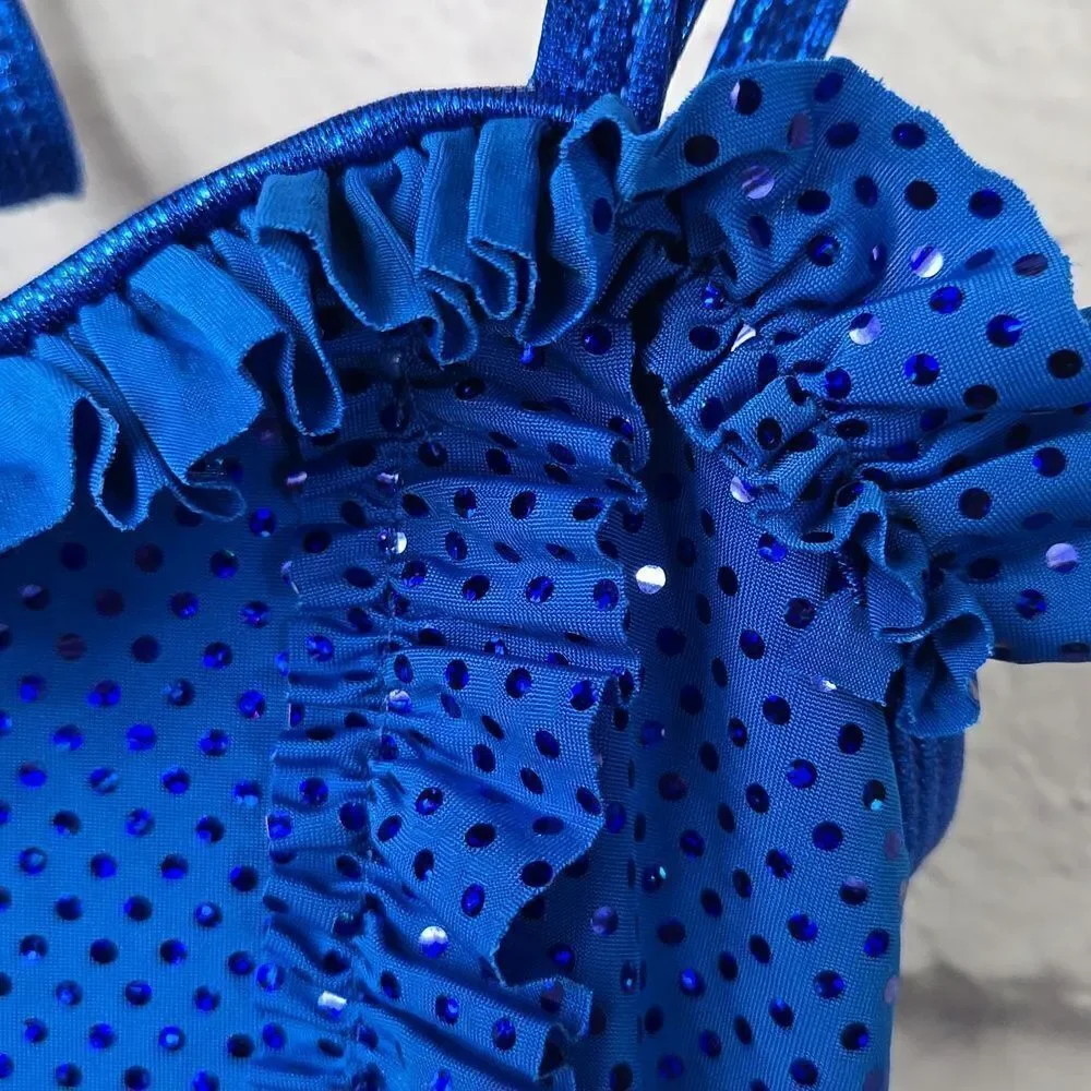 Girls Blue Sequin Ruffle Biketard Sleeveless Leotard Dance Costume Small Feather